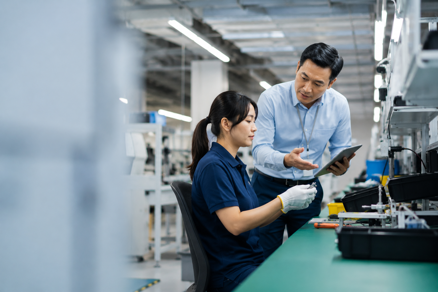 Ergonomics consultant assessing workstation and work design
