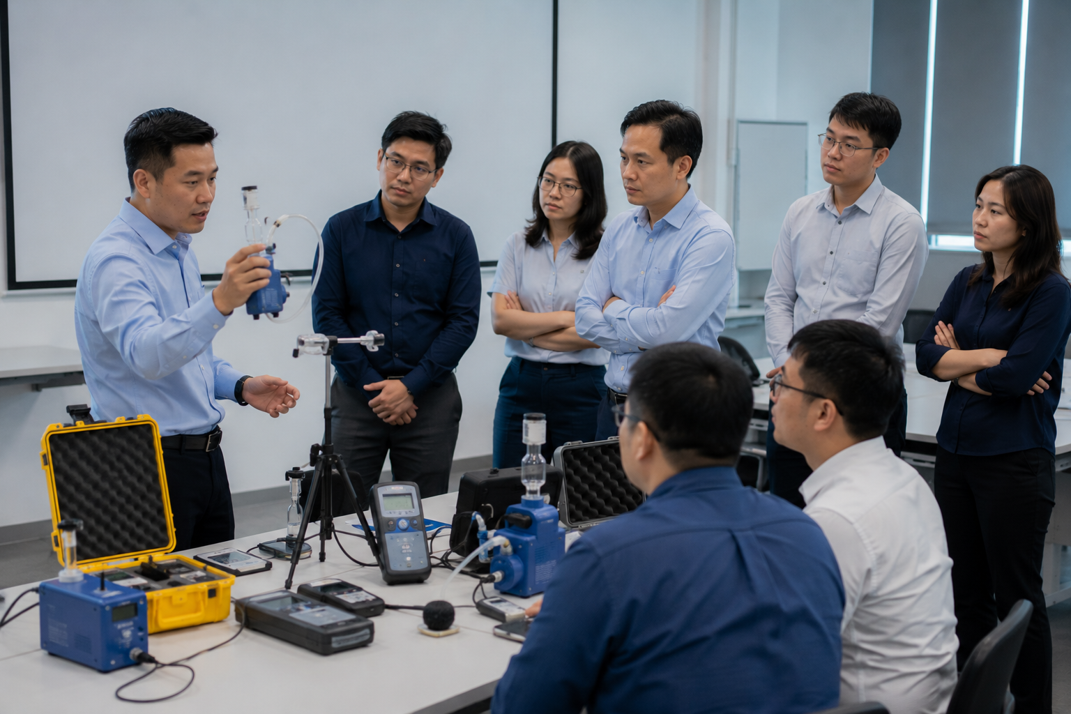 Hands-on occupational hygiene training with exposure monitoring equipment in a classroom laboratory setting