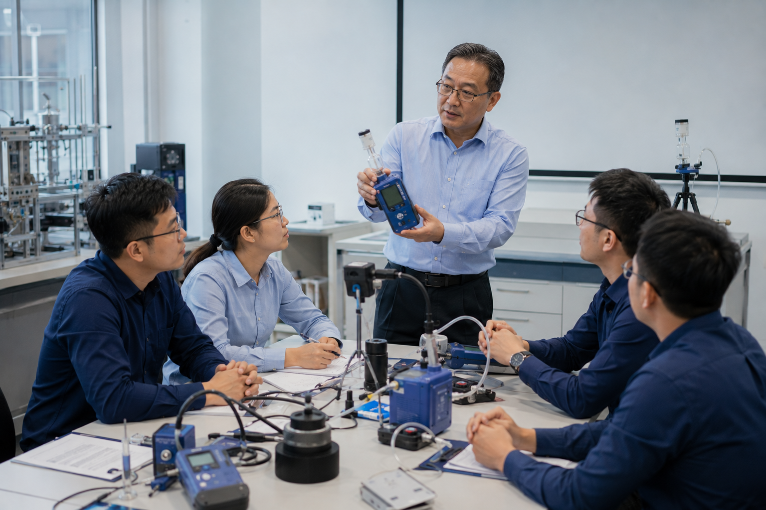 Occupational hygiene professional classroom training with sampling equipment and technical materials