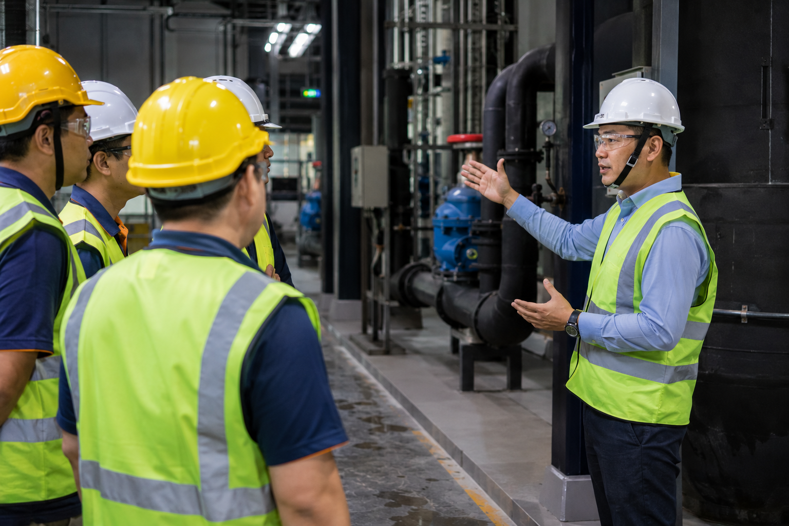 On-site safety and risk management training with supervisors reviewing workplace controls