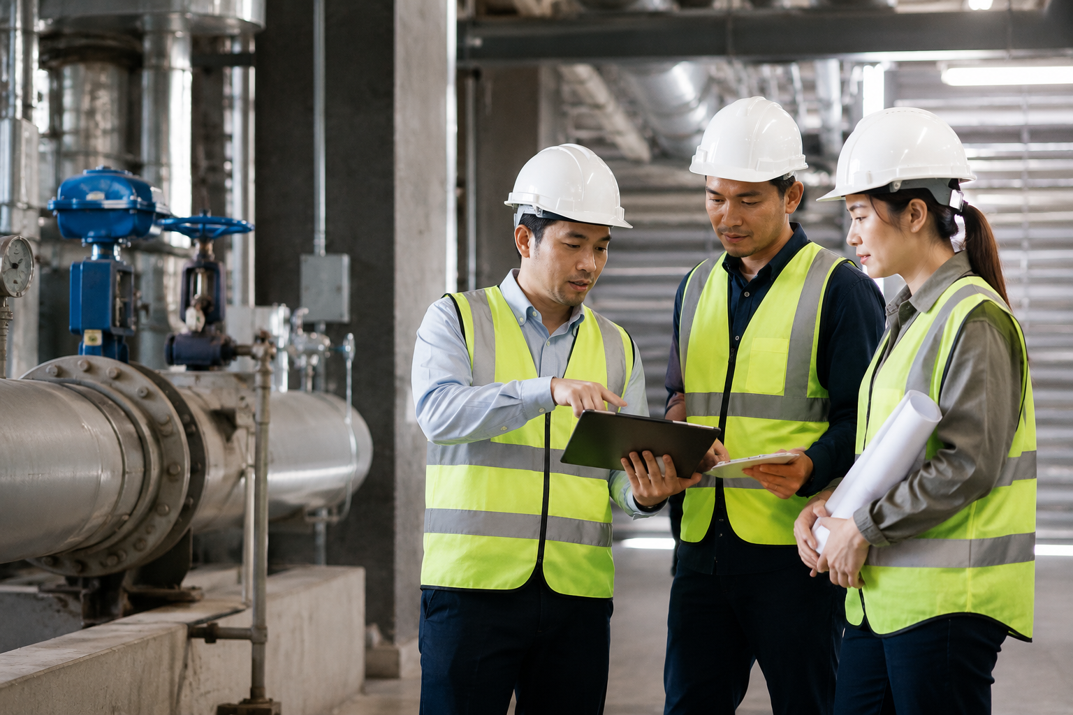 Occupational safety and health consultant reviewing workplace risk controls with a site team