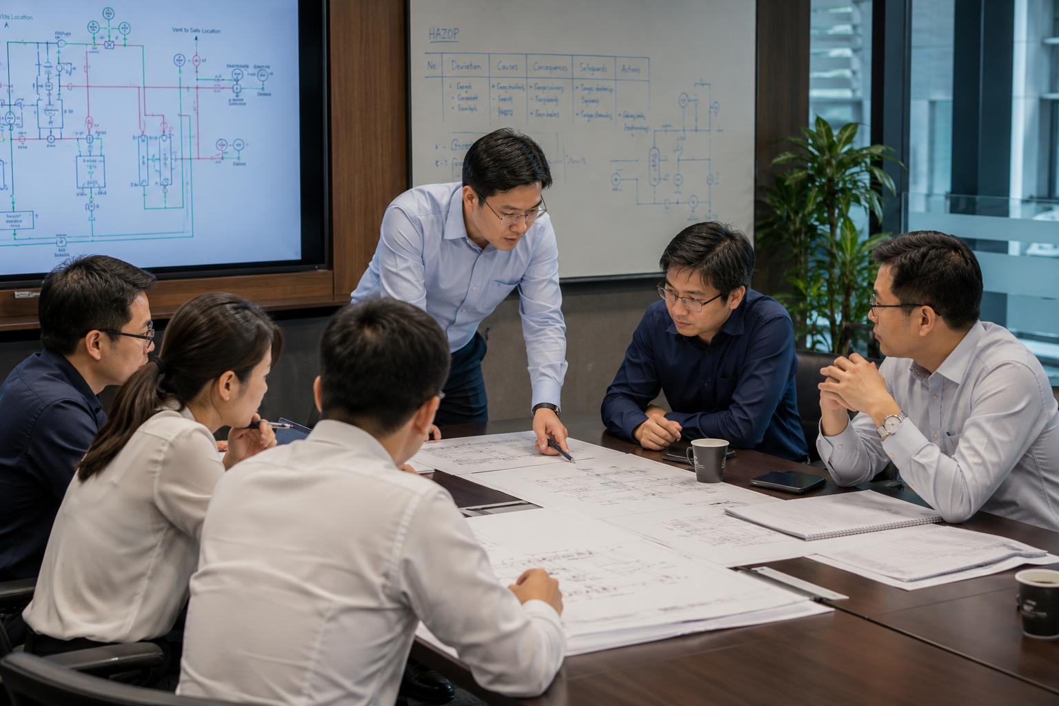 Technical specialist risk workshop with engineers and safety professionals in a meeting room