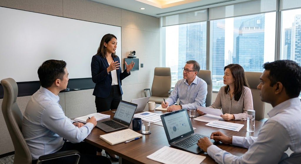 IEH consultant discussing workplace training needs with a client team