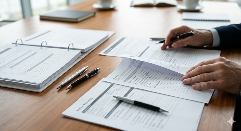Training materials checklists and practical action planning documents on a meeting table